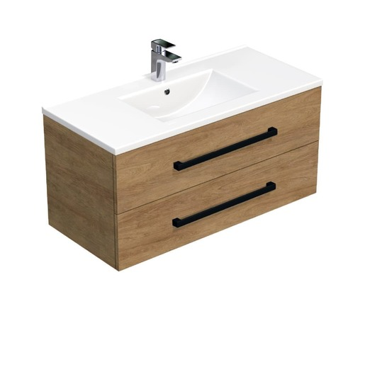 Koupelnová skříňka s černou úchytkou a umyvadlem SAT Cube Way 100x53x46 cm dub Hickory mat CUBE46C1002DHMOD SAT