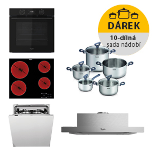 Akční set spotřebičů Whirlpool trouba OMK58CU1SB + varná deska AKT8090NE + myčka WIC3C26F + digestoř AKR7491NB Whirlpool